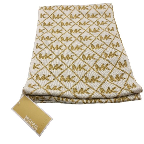 Michael Kors Accessories - New Michael Kors Gold & White Logo Knit Infinity Scarf Metallic Threading